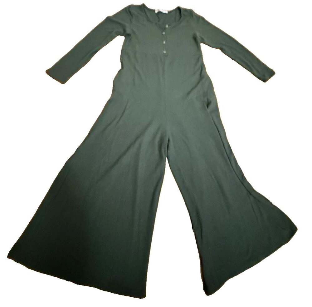 THREE BIRD NEST Green Rayon Wide-Leg Jumpsuit Romper Scoop Neck Button Front S